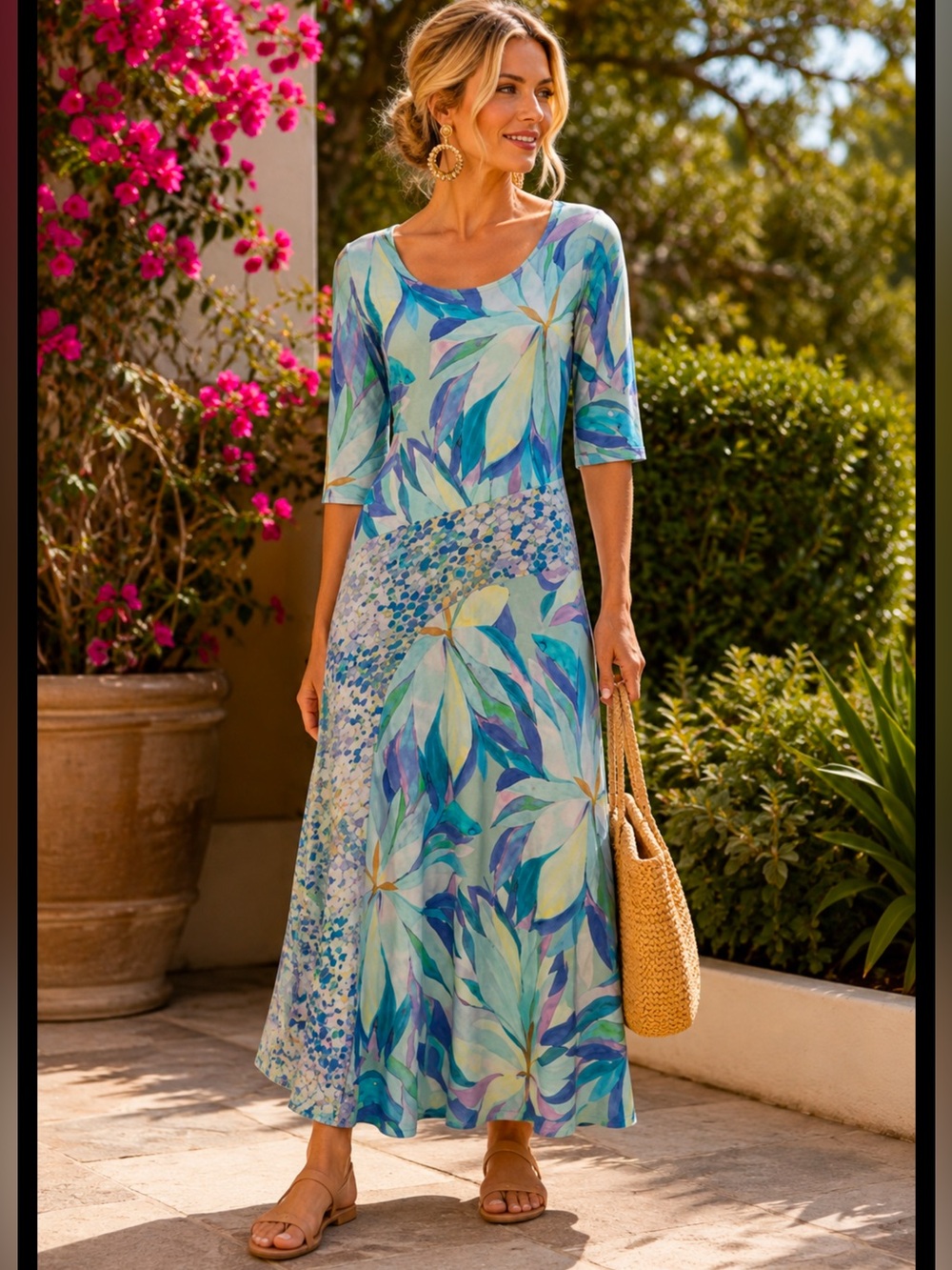 Soft Surroundings NWT Stella Maxi Dress in a painterly blue watercolor floral LP